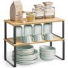 imageSONGMICS Cabinet Organizer Shelf Set of 2 Kitchen Counter Shelves Kitchen Storage Spice Rack Stackable Expandable Metal and Engineered Wood Ink Black and Natural Beige UKCS02NBInk Black  Natural Beige