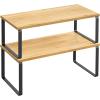 imageSONGMICS Cabinet Organizer Shelf Set of 2 Kitchen Counter Shelves Kitchen Storage Spice Rack Stackable Expandable Metal and Engineered Wood Ink Black and Natural Beige UKCS02NBInk Black  Natural Beige