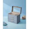 imageSONGMICS Jewelry Box Organizer with Glass Lid 3Layer Jewelry Storage with 2 Drawers Modern Style 8 x 91 x 53 Inches Cloud White and Gold Color UJBC239WTSmoky Blue  Gold