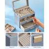 imageSONGMICS Jewelry Box Organizer with Glass Lid 3Layer Jewelry Storage with 2 Drawers Modern Style 8 x 91 x 53 Inches Cloud White and Gold Color UJBC239WTSmoky Blue  Gold