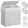 imageSONGMICS Laundry Hamper with Lid 110L Clothes Hamper with 2 Removable Liner Bags 6 Mesh Bags Wicker Laundry Basket Double Laundry Hamper for Bathroom 13 x 224 x 236 Inches Natural ULCB52NLWhite