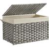 imageSONGMICS Storage Basket with Lid 423 Gallon 160L Storage Bin Woven Blanket Storage Basket with Handles Foldable Removable Liner Metal Frame for Bedroom Laundry Room Brown URST76BRGray
