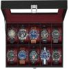 imageSONGMICS Watch Box 12Slot Watch Case with Large Glass Lid Removable Watch Pillows Watch Box Organizer Gift for Loved Ones Black Synthetic Leather Gray Lining UJWB12BKBlack  Wine Red