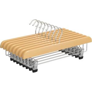 imageSONGMICS 12 Pack Wooden Pants Hangers Premium Solid Wood with NonSlip Felt Hold Pants Tightly Smooth Finish Wood Skirt Hangers with 360 Swivel Hook Natural UCRW00712With Adjustable Clips