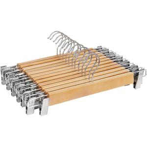 imageSONGMICS 12 Pack Wooden Pants Hangers Premium Solid Wood with NonSlip Felt Hold Pants Tightly Smooth Finish Wood Skirt Hangers with 360 Swivel Hook Natural UCRW00712With Clips