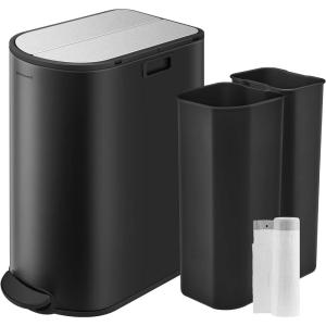 imageSONGMICS 13Gallon Dual Kitchen Trash Can 53 and 8 Gallon Compartments Garbage Can with Wing Lids Stainless Steel Soft Close Inner Buckets Metallic Silver ULTB570E50Ink Black  Metallic Silver