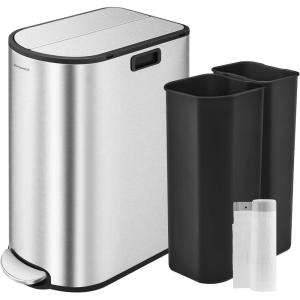 imageSONGMICS 13Gallon Dual Kitchen Trash Can 53 and 8 Gallon Compartments Garbage Can with Wing Lids Stainless Steel Soft Close Inner Buckets Metallic Silver ULTB570E50Metallic Silver