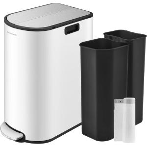 imageSONGMICS 13Gallon Dual Kitchen Trash Can 53 and 8 Gallon Compartments Garbage Can with Wing Lids Stainless Steel Soft Close Inner Buckets Metallic Silver ULTB570E50Cloud White  Metallic Silver