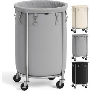 imageSONGMICS 502Gallon 190 L Laundry Basket with Wheels Rolling Round HeavyDuty Laundry Hamper Cart with Steel Frame and Removable Bag 2 Locking Wheels Cream White and Metallic Silver URLS01MZGray  Metallic Silver