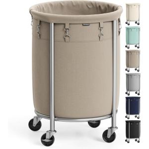 imageSONGMICS 502Gallon 190 L Laundry Basket with Wheels Rolling Round HeavyDuty Laundry Hamper Cart with Steel Frame and Removable Bag 2 Locking Wheels Cream White and Metallic Silver URLS01MZCamel Brown  Metallic Silver