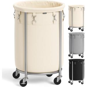 imageSONGMICS 502Gallon 190 L Laundry Basket with Wheels Rolling Round HeavyDuty Laundry Hamper Cart with Steel Frame and Removable Bag 2 Locking Wheels Cream White and Metallic Silver URLS01MZCream White  Metallic Silver