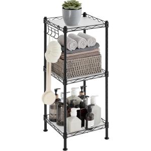 imageSONGMICS 5Tier Bathroom Shelf Storage Rack for Small Space with 5 PP Shelf Liners Removable Hook Extendable Design Ink Black and Rustic Brown ULGR023B02Ink Black  Translucent