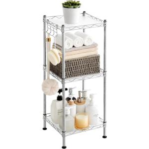 imageSONGMICS 5Tier Bathroom Shelf Storage Rack for Small Space with 5 PP Shelf Liners Removable Hook Extendable Design Ink Black and Rustic Brown ULGR023B02Silver  Translucent