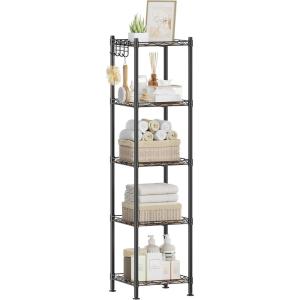 imageSONGMICS 5Tier Bathroom Shelf Storage Rack for Small Space with 5 PP Shelf Liners Removable Hook Extendable Design Ink Black and Rustic Brown ULGR023B02Ink Black  Rustic Brown