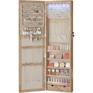imageSONGMICS 6 LEDs Mirror Jewelry Cabinet 472Inch Tall Lockable Wall or Door Mounted Jewelry Armoire Organizer with Mirror 2 Drawers 39 x 146 x 472 Inches White UJJC93WToasted Oak Color