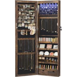 imageSONGMICS 6 LEDs Mirror Jewelry Cabinet 472Inch Tall Lockable Wall or Door Mounted Jewelry Armoire Organizer with Mirror 2 Drawers 39 x 146 x 472 Inches White UJJC93WRustic Brown