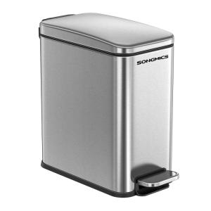 imageSONGMICS Bathroom Trash Can 13 Gallon 5 L Small Trash Bin with Lid Slim for Small Spaces Stainless Steel Garbage Can Soft Close White ULTB560W05Silver