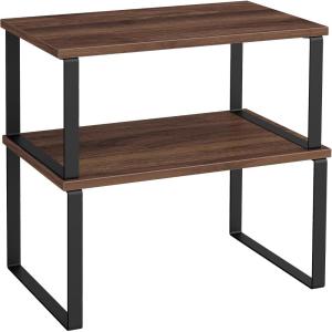 imageSONGMICS Cabinet Organizer Shelf Set of 2 Kitchen Counter Shelves Kitchen Storage Spice Rack Stackable Expandable Metal and Engineered Wood Ink Black and Natural Beige UKCS02NBNatural Walnut  Matte Black