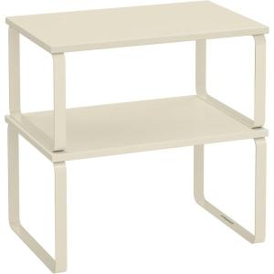 imageSONGMICS Cabinet Organizer Shelf Set of 2 Kitchen Counter Shelves Kitchen Storage Spice Rack Stackable Expandable Metal and Engineered Wood Ink Black and Natural Beige UKCS02NBCream White