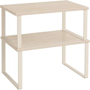 imageSONGMICS Cabinet Organizer Shelf Set of 2 Kitchen Counter Shelves Kitchen Storage Spice Rack Stackable Expandable Metal and Engineered Wood Ink Black and Natural Beige UKCS02NBTravertine Beige  Cream White