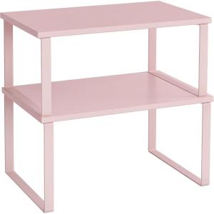 imageSONGMICS Cabinet Organizer Shelf Set of 2 Kitchen Counter Shelves Kitchen Storage Spice Rack Stackable Expandable Metal and Engineered Wood Ink Black and Natural Beige UKCS02NBJelly Pink