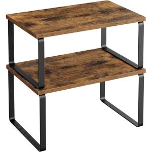 imageSONGMICS Cabinet Organizer Shelf Set of 2 Kitchen Counter Shelves Kitchen Storage Spice Rack Stackable Expandable Metal and Engineered Wood Ink Black and Natural Beige UKCS02NBInk Black  Rustic Brown