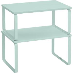 imageSONGMICS Cabinet Organizer Shelf Set of 2 Kitchen Counter Shelves Kitchen Storage Spice Rack Stackable Expandable Metal and Engineered Wood Ink Black and Natural Beige UKCS02NBMoonlight Green