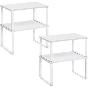 imageSONGMICS Cabinet Organizer Shelf Set of 4 Kitchen Counter Shelves Kitchen Storage Spice Rack Stackable Expandable Metal and Engineered Wood Cloud White and Natural Beige UKCS010N01Cloud White  Snow White