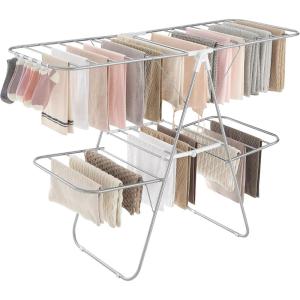 imageSONGMICS Clothes Drying Rack Foldable 2Level Laundry Drying Rack FreeStanding Laundry Airer with HeightAdjustable Wings 33 Drying Rails Sock Clips Silver and Blue ULLR53BUV1Silve  White