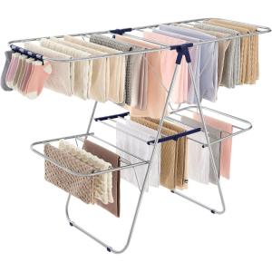imageSONGMICS Clothes Drying Rack Foldable 2Level Laundry Drying Rack FreeStanding Laundry Airer with HeightAdjustable Wings 33 Drying Rails Sock Clips Silver and Blue ULLR53BUV1Silver  Blue