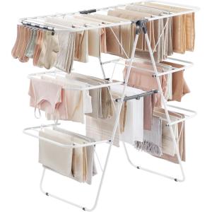 imageSONGMICS Clothes Drying Rack Foldable 2Level Laundry Drying Rack FreeStanding Laundry Airer with HeightAdjustable Wings 33 Drying Rails Sock Clips Silver and Blue ULLR53BUV1White