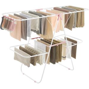 imageSONGMICS Clothes Drying Rack Foldable 2Level Laundry Drying Rack FreeStanding Laundry Airer with HeightAdjustable Wings 33 Drying Rails Sock Clips Silver and Blue ULLR53BUV1White  Pink