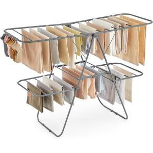 imageSONGMICS Clothes Drying Rack Foldable 2Level Laundry Drying Rack FreeStanding Laundry Airer with HeightAdjustable Wings 33 Drying Rails Sock Clips Silver and Blue ULLR53BUV1White  Gray