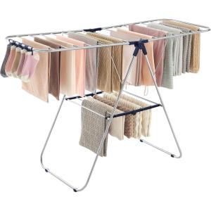 imageSONGMICS Clothes Drying Rack with Sock Clips Metal Laundry Rack Foldable SpaceSaving FreeStanding Airer with 2 HeightAdjustable Gullwings Indoor Outdoor Use Silver and White ULLR052W01Silver  Blue