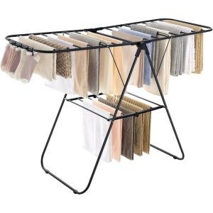 imageSONGMICS Clothes Drying Rack with Sock Clips Metal Laundry Rack Foldable SpaceSaving FreeStanding Airer with 2 HeightAdjustable Gullwings Indoor Outdoor Use Silver and White ULLR052W01Black