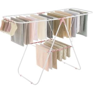 imageSONGMICS Clothes Drying Rack with Sock Clips Metal Laundry Rack Foldable SpaceSaving FreeStanding Airer with 2 HeightAdjustable Gullwings Indoor Outdoor Use Silver and White ULLR052W01White  Pink