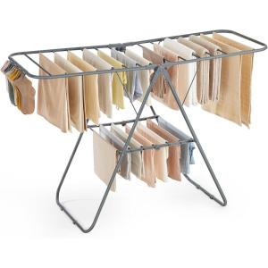 imageSONGMICS Clothes Drying Rack with Sock Clips Metal Laundry Rack Foldable SpaceSaving FreeStanding Airer with 2 HeightAdjustable Gullwings Indoor Outdoor Use Silver and White ULLR052W01Gray
