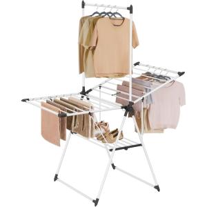 imageSONGMICS Clothes Drying Rack with Sock Clips Metal Laundry Rack Foldable SpaceSaving FreeStanding Airer with 2 HeightAdjustable Gullwings Indoor Outdoor Use Silver and White ULLR052W01Simply White