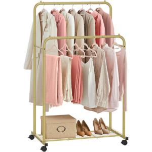 imageSONGMICS Clothes Rack with Wheels Clothing Rack for Hanging Clothes 254 mm Metal Garment Rack with Dense Mesh Storage Shelf 110 lb Load Capacity 2 Brakes Black UHSR25BKGold