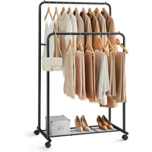 imageSONGMICS Clothes Rack with Wheels Clothing Rack for Hanging Clothes 254 mm Metal Garment Rack with Dense Mesh Storage Shelf 110 lb Load Capacity 2 Brakes Black UHSR25BKBlack