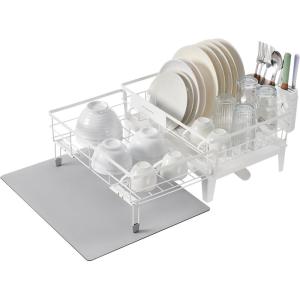 imageSONGMICS Dish Drying Rack Kitchen Dish Rack with Drainboard 360 Rotatable and Extendable Spout with Cutlery Holder 12222 x 165 x 79 Inches Ink Black UKCS552B01Matte White  Dove Gray