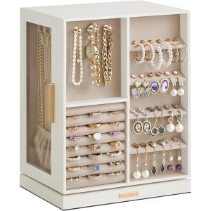 imageSONGMICS Jewelry Box 360 Rotating Jewelry Storage Case with 5 Drawers Jewelry Organizer Glass Window Spacious Vertical Jewelry Storage Open Design Great Gift Cloud White UJBC170W01Cloud White