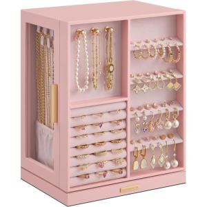 imageSONGMICS Jewelry Box 360 Rotating Jewelry Storage Case with 5 Drawers Jewelry Organizer Glass Window Spacious Vertical Jewelry Storage Open Design Great Gift Cloud White UJBC170W01Jelly Pink