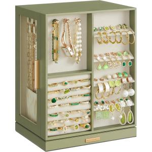 imageSONGMICS Jewelry Box 360 Rotating Jewelry Storage Case with 5 Drawers Jewelry Organizer Glass Window Spacious Vertical Jewelry Storage Open Design Great Gift Cloud White UJBC170W01Laurel Green