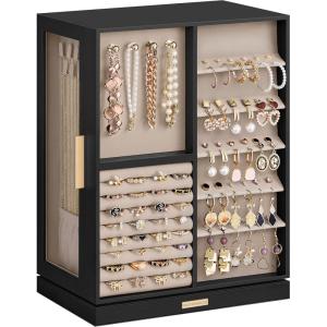 imageSONGMICS Jewelry Box 360 Rotating Jewelry Storage Case with 5 Drawers Jewelry Organizer Glass Window Spacious Vertical Jewelry Storage Open Design Great Gift Cloud White UJBC170W01Ink Black