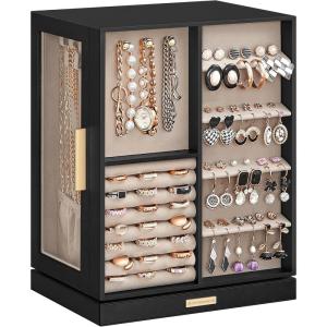 imageSONGMICS Jewelry Box 360 Rotating Jewelry Storage Case with 5 Drawers Jewelry Organizer Glass Window Spacious Vertical Jewelry Storage Open Design Great Gift Cloud White UJBC170W01Graphite Black