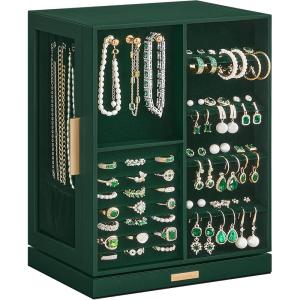 imageSONGMICS Jewelry Box 360 Rotating Jewelry Storage Case with 5 Drawers Jewelry Organizer Glass Window Spacious Vertical Jewelry Storage Open Design Great Gift Cloud White UJBC170W01Forest Green