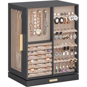 imageSONGMICS Jewelry Box 360 Rotating Jewelry Storage Case with 5 Drawers Jewelry Organizer Glass Window Spacious Vertical Jewelry Storage Open Design Great Gift Cloud White UJBC170W01Slate Gray