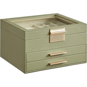 imageSONGMICS Jewelry Box Organizer with Glass Lid 3Layer Jewelry Storage with 2 Drawers Modern Style 8 x 91 x 53 Inches Cloud White and Gold Color UJBC239WTLaurel Green  Gold