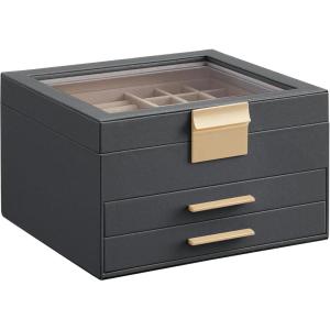 imageSONGMICS Jewelry Box Organizer with Glass Lid 3Layer Jewelry Storage with 2 Drawers Modern Style 8 x 91 x 53 Inches Cloud White and Gold Color UJBC239WTInterstellar Gray  Gold